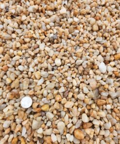 An overhead photo shows a pile of small, rounded pea gravel in a mix of tan, brown, and light-colored stones. A shiny silver coin is in the bottom left corner, providing a sense of scale.